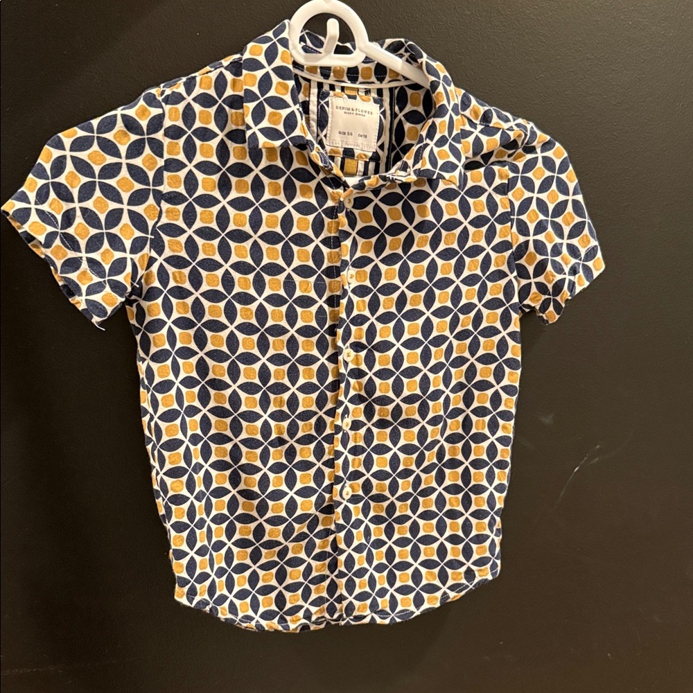Boys Denim & Flower Ricky Singh Button-Up Navy & Mustard Geometric, Size 5/6